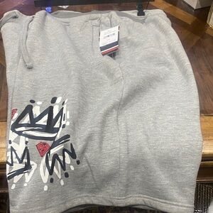 Akademiks Gray Athletic Shorts with Black & White Graphic and Red Accents